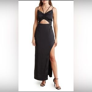 NWT BONHEUR D’AMOUR Cutout Shirred Side Slit Maxi Dress Sexy Black Large $189